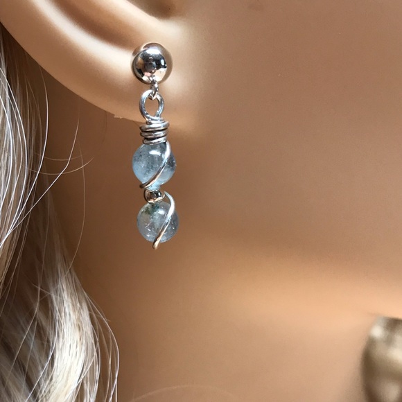 Aquamarine Earrings-Aquamarine Sterling Silver Dangle Post Earrings- Aquamarine - Picture 3 of 4